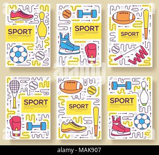 Premium quality sport vector brochure cards thin line set. health Lifestyle linear template of flyear, magazines, posters, book cover, banners. Layout physical athletic equipmen outline modern pages Stock Vector