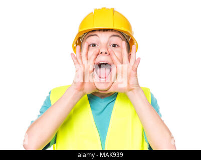 Teen boy in hard hat Stock Photo