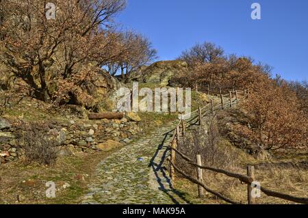 Ussel fraction of Chatillon, Valle d'Aosta, Italy 11 February 2018. The path leading to the castle entrance. Stock Photo