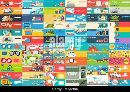 Big collection of banners in flat style. In Set themes business, airport, online workshop, travel, medicine, eco, news, home appliance, farm, food, glasses, city, army, painter, export. Vector design Stock Vector