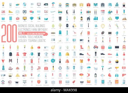 Flat collection set icons of business, social, eco, bank, farm, fashion, tool, medicine, travel, candy, logistic, make up, training, office, skill, fruit, rescue, startup. For infographic illustration Stock Vector
