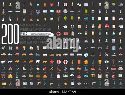 Flat big collection set icons of medical, army, war, shoe, nature, news, draw, police, rafting, room, science, boat, sport, gym, car, animal, summer, tool, country. For infographic illustration design Stock Vector