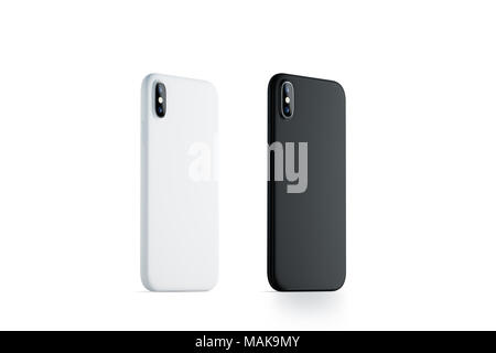 Blank black and white phone case mock up, stand left side isolated, Empty smartphone side view cover mockup ready for logo or pattern print presentation. Cellphone protector cover concept. Cell casing Stock Photo