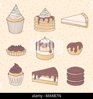 Hand drawn vector pastry set with cake and pie pieces, cupcakes, macarons and eclairs covered with  chocolate. Sweets on the dotted background. Stock Vector