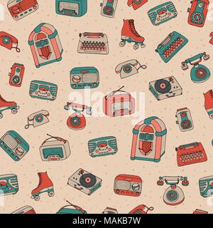 Vector retro seamless pattern with antique tech, scooter, juke box, radio, typewriter, roller skates and  vinyl record player on the dotted background Stock Vector
