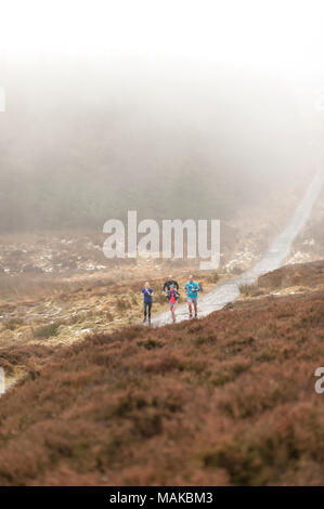 A mixed group of people running in a foggy day along a muddy path Stock Photo