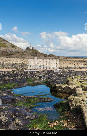 Mumbles Lighthouse from Bracelet Bay, Gower, South Wales Stock Photo
