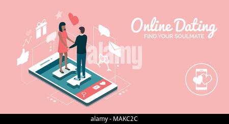 Couple meeting online on a dating website app, they are a perfect match: social media and relationships concept Stock Vector