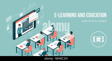 Professor talking on a video conference on a smartphone and adult students learning: online courses and e-learning concept Stock Vector