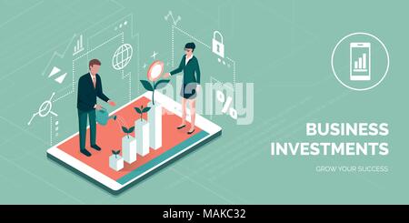 Business people working together and growing a successful financial chart with sprouting plants on a digital tablet: investments and finance concept Stock Vector