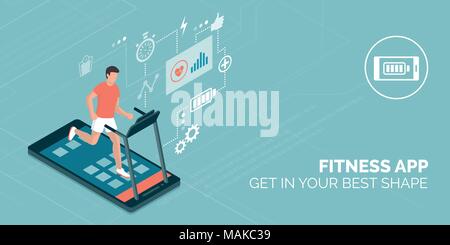 Man running on a smartphone treadmill and exercising: fitness app and sports concept Stock Vector