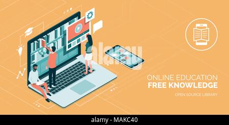 People accessing knowledge online on a virtual library on a laptop, education and e-learning concept Stock Vector