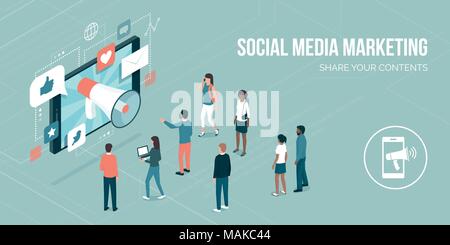 Megaphone sharing advertisement messages on social media on a smartphone, attracting users and new customers: marketing strategies concept Stock Vector