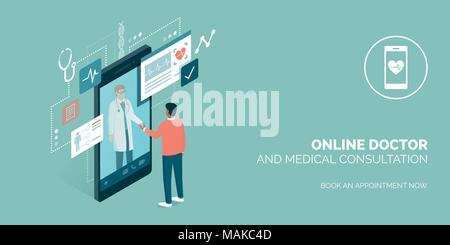 Patient meeting a professional doctor online on a smartphone and shaking hands, online medical consultation concept Stock Vector