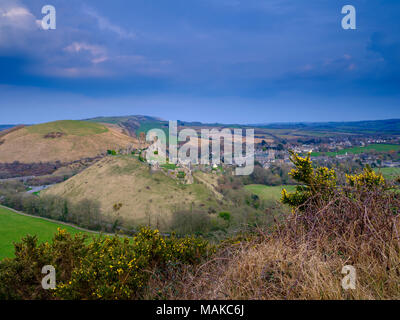 Spring sunset over Corfe Castle, Purbeck, Dorset, UK Stock Photo