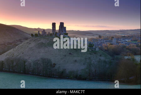 Spring sunrise over Corfe Castle, Purbeck, Dorset, UK Stock Photo