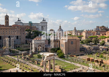 View from Palatine Hill (Palatino) which is the centremost of the Seven Hills of Rome, Italy looking across the Roman Forum towards the Monumento Nazi Stock Photo