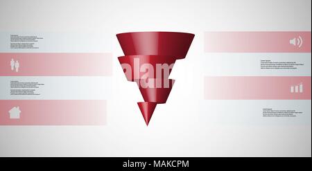 3D illustration infographic template with motif of horizontally sliced cone to four red parts which are shifted. Simple sign and text is in color bann Stock Vector