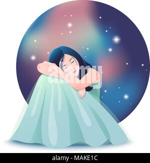 Vector illustration of cute dreaming girl with closed eyes siting in front of the background of night sky with stars. Stock Vector