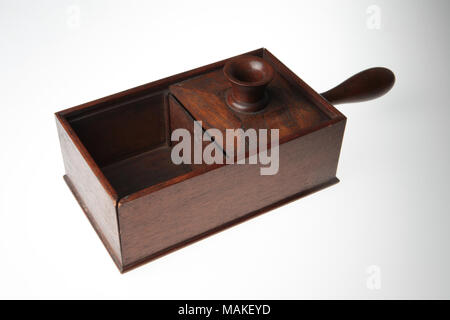 Ballot box is wooden with black and white marbles Title: Ballot Box Used in Lottery  . after 1870. Stock Photo