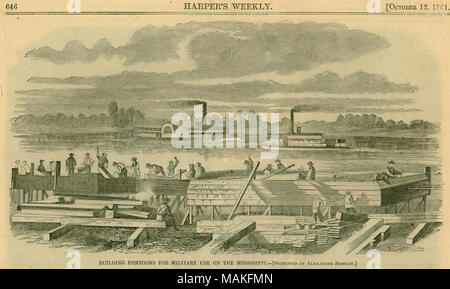 Print of men building pontoons in the foreground with two steamboats on the river in the background. 'BUILDING PONTOONS FOR MILITARY USE ON THE MISSISSIPPI. - [SKETCHED BY ALEXANDER SIMPLOT.]' (printed below image). Newspaper clipping with one other print, taken from Harper's Weekly, October 12, 1861 page 646. Title: 'Building Pontoons for Military Use on the Mississippi.'  . 12 October 1861. Alexander Simplot Stock Photo