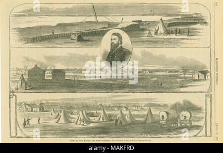 Print of three different scenes and the bust portrait of General Pope in uniform. First scene is of earthworks, a single tent, and a river in the background. Second scene is of a single tent in the foreground with several buildings in the background. Third scene is of several tents, two wagons, and soldiers in the foreground with buildings in the background. 'VIEWS AT NEW MADRID AND POINT PLEASANT. - FROM SKETCHES BY MR. A. SIMPLOT. - [SEE PAGE 235.]' (printed below image). Newspaper clipping taken from Harper's Weekly, April 12, 1862, page 228. Title: 'Views at New Madrid and Point Pleasant.' Stock Photo