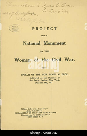 Pamphlet titled “Project for a Monument to the Women of the Civil War,” published by the Commandery of the State of New York, Military Order of the Loyal Legion of the United States, October 4, 1911. Couzins Family Papers, Missouri History Museum Archives, St. Louis. Stock Photo
