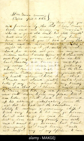 Title: Letter from Jno. T. Duff, Cairo, to My Dear Wife, April 2, 1862  . 2 April 1862. Duff, John T. Stock Photo