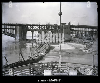Horizontal, black and white photograph showing a view looking off the end of a boat toward a damaged bridge and wreckage washed up on a riverbank. The bow of the ship is visible along the bottom edge of the print. Title: East (Illinois) end of Eads Bridge from south bank, photographed from deck of Ferry Alonzo C. Church, showing damage from cyclone of May 1896.  . May 1896. Stock Photo