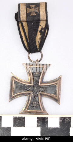 German Iron Cross medal with pin bar. Collected by Gilbert Strelinger during his military service overseas during World War I. Title: German Iron Cross  . 1914. Stock Photo