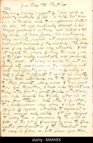 Describes General Butler. Title: Thomas Butler Gunn Diaries: Volume 21, page 125, December 22, 1862  . 22 December 1862. Gunn, Thomas Butler, 1826-1903 Stock Photo