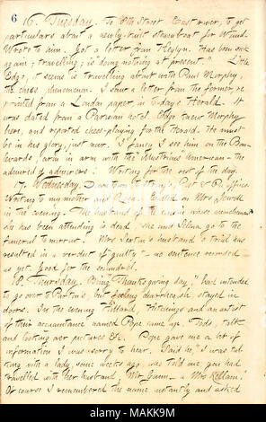 Describes a visit to Mrs. Celina Jewell, and mentions that Cornelia Sexton's husband, Francis Sexton, had been found guilty at his trial.  Transcription: 16. Tuesday. To 8th Street, East river, to get particulars about a newly-built steamboat for [Alfred] Waud. Wrote to him. Got a letter from [Edward] Heylyn. Has been sick again; travelling; is 'doing nothing at present.' Little [Frederick] Edge, it seems is travelling about with Paul Morphy, the chess phenomenon. I saw a letter from the former, reprinted from a London paper, in to-day's Herald. It was dated from a Parisian hotel. Edge knew Mo Stock Photo