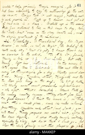 Describes a visit to the Edwards family.  Transcription: couldn't help grinning though annoyed, for it had been advisable to keep the authorship of the articles secret. [Charles] Briggs took it well enough, talked curtly and passed on. Rode up to dinner and got rid of headache in a doze. [Frank] Cahill up in the evening. Bob Gun returned to live in this house to day, taking the 'hall-front' room on the story beneath me, once the sleeping apartment of the Levisons! 24. Sunday. A Paradisical day, like its pre-decessor, 'so calm, so cool, so bright, the bridal of the earth and sky' that it's pity Stock Photo