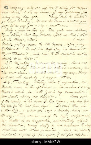 Regarding Mrs. Rich, who ran a nearby boarding house.  Transcription: company only set my heart aching for happiness which I see no chance of my possessing for many a long day yet. [Jesse] Haney said he wouldn't go, last Sunday. Unless he knows what he goes for he'll pay for it, by a heart ache. Only a year or two ago, these girls [Sally, Matty, and Eliza Edwards] were children. How strange that they should affect us thus! Not at all strange, either. I met [Frank] Cahill posting down the 5th Avenue, before going to Edwards'. He had been duplicating his dinner at Mort Thomson's, and came to the Stock Photo