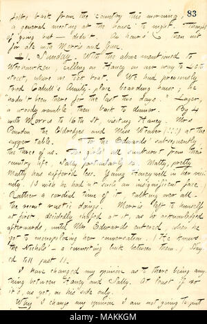 Describes visiting the Edwards family after their return to New York from a visit to the country.  Transcription: folks back from the country this morning, a general meeting at the house to night. Thought of going but  ? didn ?t. An hour ?s [phonography], then out for ale with [James] Morris and [Bob] Gun. 21. Sunday. With the above mentioned to Weehawken, calling on Haney on our way to 40th Street, where we took boat. We had previously tried [Frank] Cahill ?s Amity-place boarding house; he ?ǣhadn ?t been there for the last two days. ? Lager, a woody ramble, then back to dinner. By 4 with Morr Stock Photo