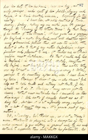 Regarding his homesickness for England.  Transcription: [Mrs. Patten] does her duty to her husband, loves her boy, not wisely, perhaps, and spite of her fiddle-playing and tongue, is a kind-hearted woman. Especially for this country. I have been, at odd snatches of time, dressing, feeding, taking my one matin pipe &c going through the 'Scouring of the White Horse' by that trump of an author of 'Tom Brown.' It has given me a yearning for England  ? rustic England; and will doubtless affect many banished fellows thus, all over the world. The dialect is akin to that of my native Oxfordshire  ? ho Stock Photo