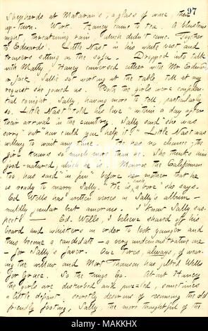 Describes a visit to the Edwards family, and discusses several suitors of Sally Edwards.  Transcription: [N.G.] Shepherds at Mataran ?s, a glass of wine, then up-town. Work. [Jesse] Haney came to tea. A blustrous night, threatening rain, which didn ?t come. Together to Edwards ?. Little [Thomas] Nast in his white vest and trousers sitting on the sofa. Dropped into talk with Matty [Edwards], Haney conversed either with Mr [George] Edward, or Jack [Edwards], Sallie [Edwards] sat working at the table, till at my request she joined us. Both the girls were confidential tonight, Sally, having more t Stock Photo