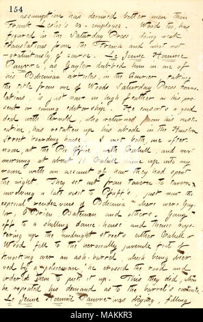 Regarding Frank Cahill's tale of a night out with Frank Wood and George Arnold.  Transcription: assumption has deceived better men than Frank Leslie ?s ex-employee. [Frank] Wood, too, has figured in the Saturday Press, doing weak translations from the French and what not  ? gratuitously, of course. Le Jeune Homme Pauvre, as [Charles] Gayler dubbed him in one of his Bohemian articles, in the Courier, taking the title from one of Woods Saturday Press translations, is just now in high feather on his present or coming editorship. He consorts a good deal with [George] Arnold, who returned from his  Stock Photo