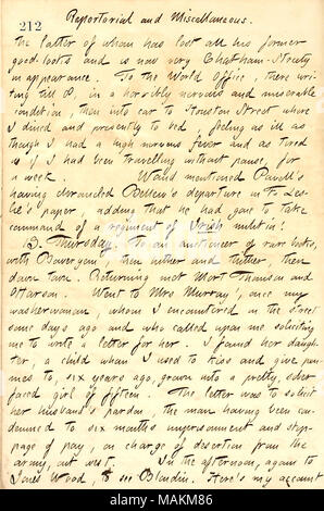 Regarding a visit to Mrs. Murray by her request to write a letter for her. Title: Thomas Butler Gunn Diaries: Volume 13, page 229, September 12, 1860  . 12 September 1860. Gunn, Thomas Butler, 1826-1903 Stock Photo