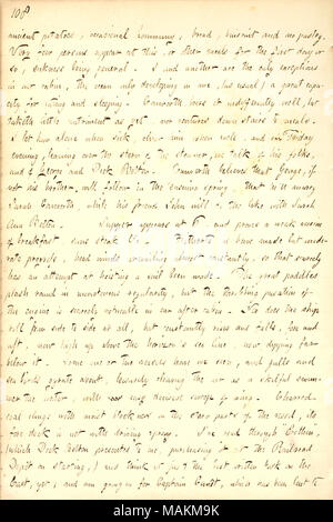 Describes his journey across the Atlantic to New York on the Washington.  Transcription: ancient potatoes, occasional hominy, bread, buiscuit and no pastry. Very few persons appear at this, or other meals for the first day or so, sickness being general. I and another are the only exceptions in our cabin, the ocean only developing in me, (as usual) a great capacity for eating and sleeping. [William] Conworth bears it indifferently well, but taketh little nutriment as yet, nor ventures down stairs to meals. I let him alone when sick, cheer him when well, and on Friday evening, leaning over the s Stock Photo
