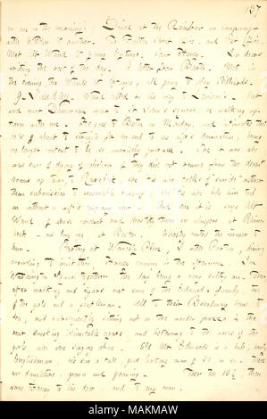 Describes a talk with Charles Damoreau, who is moving to Boston, and a visit to the Edwards family.  Transcription: on me in the morning.) Dined at the Rainbow in company with [Charles] Welden & another. To Fulton Street Office, and Post Office. Met Alf Waud & young [Clarence] Eytinge. Saw [Jesse] Haney. In doors writing the rest of the day. A letter from [William] Barth. Met, in the evening, the Wauds [Alf and William] & Eytinges [Clarence and Sol], all going to play Billiards. 9. Sunday. [Alf] Waud called on his way to [William] Levison's. Out and met [Charles] Damoreau near to St John's squ Stock Photo