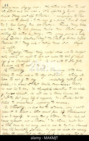 Describes a letter received from Alfred Waud.  Transcription: [Jesse] Haney's room playing chess. His [Frank Pounden's] father was there too, and both father and son were a little affected by liquor. After dinner Haney went off to [James] Parton ?s, I accompanying the Poundens  ? all the family  ? to the house of a friend, where I stayed till 7, then leaving them for Parton's. Found Haneys, [Edward] Wells and Ulric, the little German teacher, there. Parton away, visiting his mother in Jersey. The evening passed in reading aloud [Charles] Dicken's Christmas Story 'The Perils of Certain English  Stock Photo