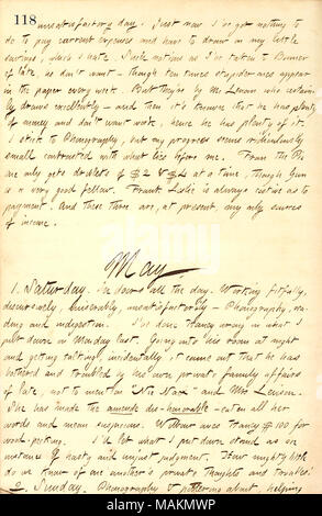 Describes a talk with Jesse Haney to clear up matters between them.  Transcription: unsatisfactory day. Just now I've got nothing to do to pay current expenses and have to draw on my little savings, which I hate. Such notions as I've taken to [John] Bonner of late, he don't want  ? though ten times stupider ones appear in the paper every week. But they're by [John] Mc Lenan who certainly draws excellently  ? and then it's known that he has plenty of money and don't want work, hence he has plenty of it. I stick to Phonography, but any progress seems ridiculously small contrasted with what lies  Stock Photo