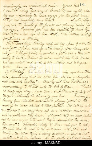 Describes a visit to the Edwards family.  Transcription: drenchingly in equinoctial rain. Years back I recollect sitting diarizing in [177] Canal St, one night, when Alf [Waud] was performing the same voyage for the first time. What has happened since then? Leslie (Wm.) [Robert] Gun, and two friends of the former are playing 'euchre' in his room. Pounden pere has been expelled the house by Mrs [Catharine] Potter  ? his wife is here still. The Pattens went off for Niagara on Monday. 16. Thursday. Writing hard all day, from 9 A.M. till midnight. [Fitz James] O'Brien came up in the evening after  Stock Photo