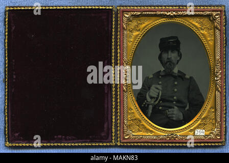 Cased ambrotype with a half-length portrait of an officer with a beard in a dark, double-breasted uniform coat holding a sword in one hand with his other hand over his belt buckle. An eagle is visible on his shoulder board, indicating his rank as colonel. During the Civil War, Robert White served as Lieutenant Colonel of the 5th U.S.R.C. (3 months) and Colonel with the 14th Missouri Home Guards Infantry. He was wounded in battle in Lexington, Missouri, Sept. 20, 1861. Handwritten label included with image reads: 'Colonel Robert White. Husband of Isabella White, daughter of James Haley White (? Stock Photo