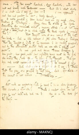 Comments on William Shakespeare's play, As You Like It.  Transcription: brave. To love sweet Rosalind, dear Rosalind, with her wit and beauty and tenderness  ? But Oh! what shall I  ? what can I say of her  ?-  I can appreciate, and love and ponder on her, barely describe. A noble anecdote of Mrs [Sarah] Siddons comes into my mind, when thinking of [William] Shakespeare. Being shown the statue of the Apollo Belvidere she remained silent, musing awhile;  ? at last saying ?ǣWhat a being mind must it be which created the Mind capable of conceiving this! ? Her thoughts were at once carried to the  Stock Photo