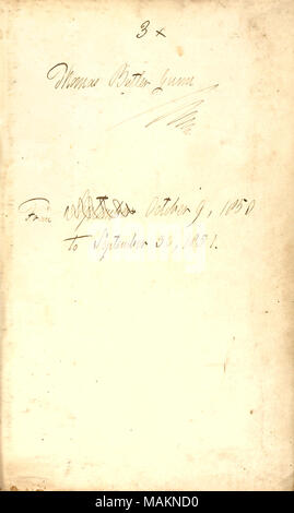 Gives the date range of entries for the diary.  Transcription: 3 x Thomas Butler Gunn / From September October 9, 1850 To September 30, 1851. Title: Thomas Butler Gunn Diaries: Volume 2, page 3, [1851]  . 1851. Gunn, Thomas Butler, 1826-1903 Stock Photo