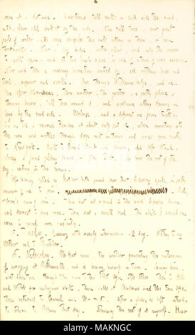 Describes his walk back to the train to return to New York.  Transcription: oxen at a distance. Sometimes tall rocks on each side the road, with a clear cold brooklet by the side. Now tall trees, now great pools of water, with huge shapeless tree roots rotting in them, or even treetrunks. Now a long bridge, water below, and only the beams to walk upon, and not too much space in case of a train of cars arriving. Now and then a crashing locomotive snorted by, all writhing brass and steel, vapour and smoke. Pass through Williams bridge, and on. One lesser Morrisiana, then another, the greater, a  Stock Photo
