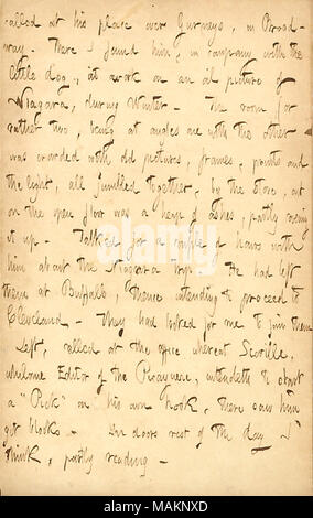 Mentions a discussion with Joseph Richardson about Richardson's recent visit to Niagara.  Transcription: called at his [Joseph Richardson ?s] place over Gurneys, in Broadway. There I found him, in company with the little dog, at work on an oil picture of Niagara, during Winter. The room, (or rather two, being at angles one with the other was crowded with old pictures, frames, prints and the light, all jumbled together, by the stove, out on the open floor was a heap of ashes, partly covering it up. Talked for a couple of hours with him about the Niagara trip. He had left them at Buffalo, thence Stock Photo