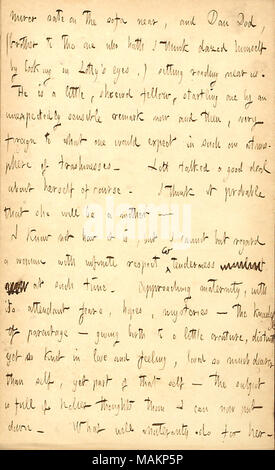 States that he believes Lotty Kidder is pregnant, and comments on maternity.  Transcription: [ad]mirer sate on the sofa near, and Dan Dod, (brother to the one who hath I think dazed himself by looking in Lotty [Kidder] ?s eyes,) sitting reading near us. He is a little, shrewd fellow, startling one by an unexpectedly sensible remark now and then, very foreign to what one would expect in such an atmosphere of trashinesses. Lott talked a good deal about herself of course. I think it probable that she will be a mother  ? I know not how it is, but I cannot but regard a woman with infinite respect & Stock Photo